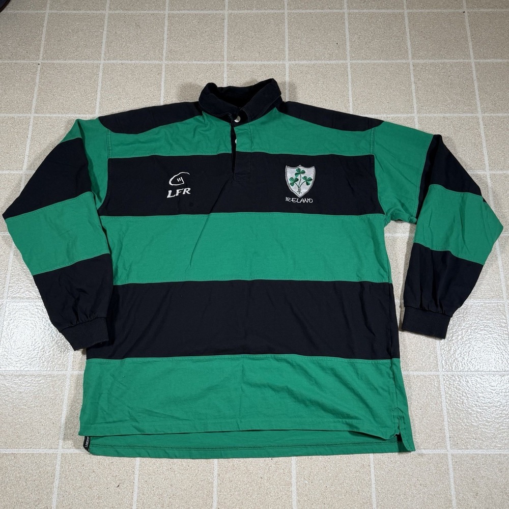 VTG Live For Rugby Ireland Mens 3XL Green Black Striped Long Sleeve Rugby Shirt